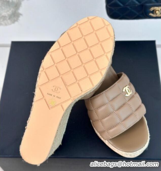 Pretty Style Chanel Quilted Lambskin Wedge Slides Sandal 8cm Khaki 722119