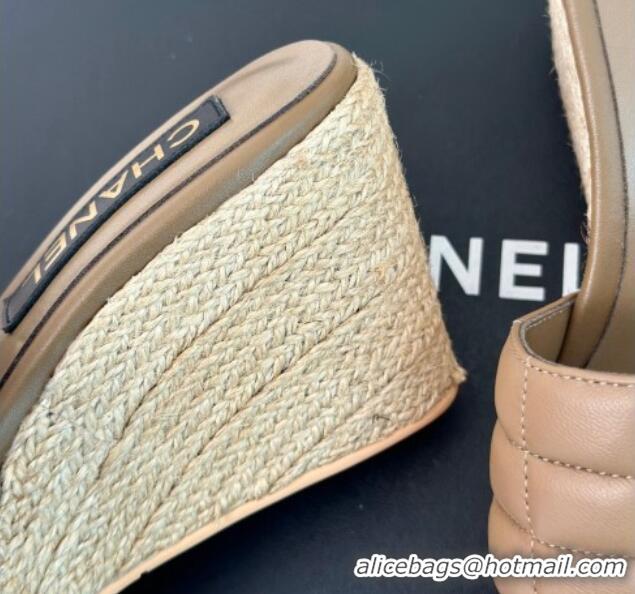 Pretty Style Chanel Quilted Lambskin Wedge Slides Sandal 8cm Khaki 722119