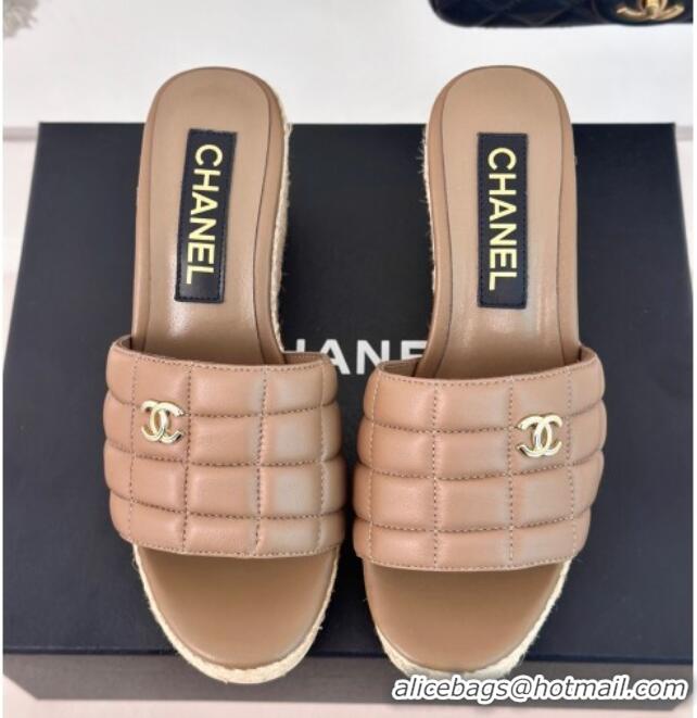 Pretty Style Chanel Quilted Lambskin Wedge Slides Sandal 8cm Khaki 722119