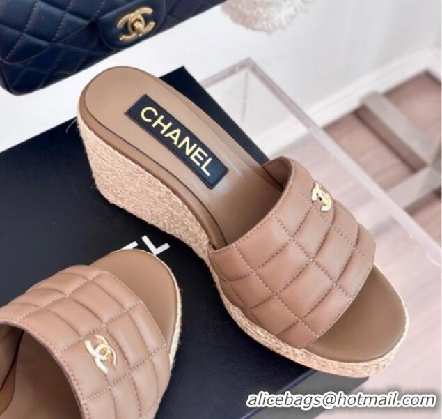 Pretty Style Chanel Quilted Lambskin Wedge Slides Sandal 8cm Khaki 722119