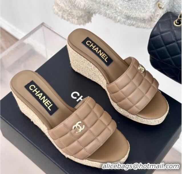 Pretty Style Chanel Quilted Lambskin Wedge Slides Sandal 8cm Khaki 722119