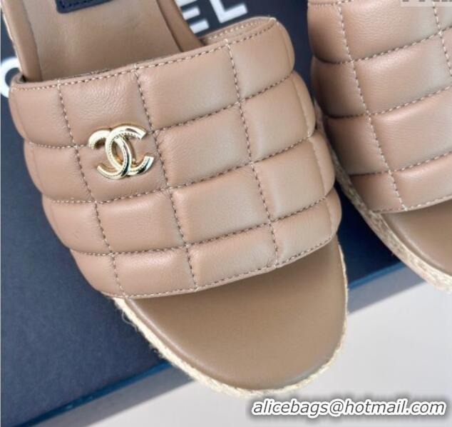 Pretty Style Chanel Quilted Lambskin Wedge Slides Sandal 8cm Khaki 722119