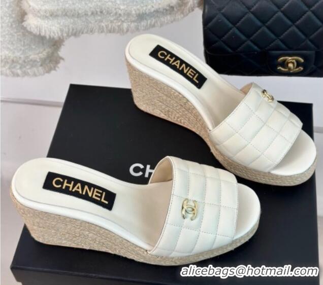 Good Product Chanel Quilted Lambskin Wedge Slides Sandal 8cm White 722120