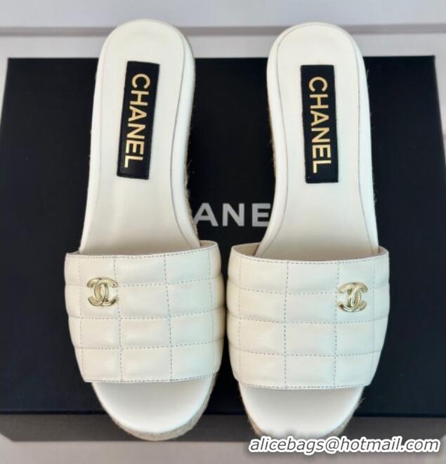 Good Product Chanel Quilted Lambskin Wedge Slides Sandal 8cm White 722120