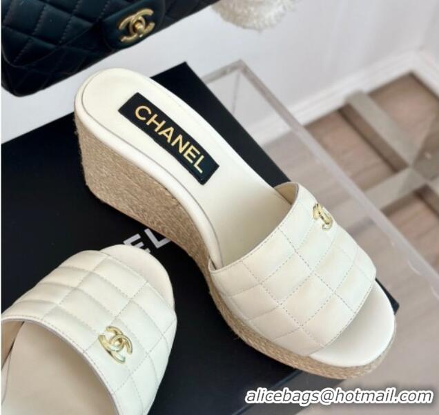 Good Product Chanel Quilted Lambskin Wedge Slides Sandal 8cm White 722120