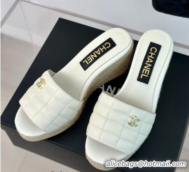 Good Product Chanel Quilted Lambskin Wedge Slides Sandal 8cm White 722120