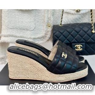 Top Grade Chanel Quilted Lambskin Wedge Slides Sandal 8cm Black 722121