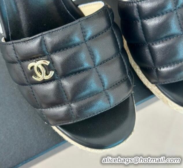 Top Grade Chanel Quilted Lambskin Wedge Slides Sandal 8cm Black 722121