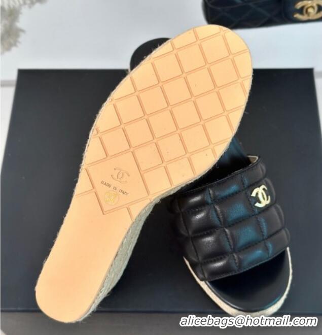 Top Grade Chanel Quilted Lambskin Wedge Slides Sandal 8cm Black 722121