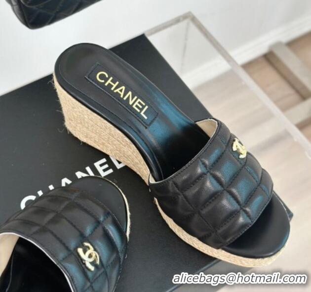 Top Grade Chanel Quilted Lambskin Wedge Slides Sandal 8cm Black 722121