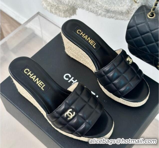 Top Grade Chanel Quilted Lambskin Wedge Slides Sandal 8cm Black 722121