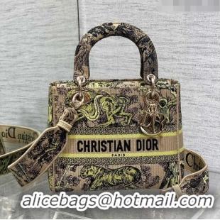 Top Quality Medium Dioriviera Lady D-Lite Bag in Raffia with Lemon Yellow Toile de Jouy Sauvage Embroidery CD1402 2024