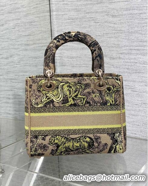 Top Quality Medium Dioriviera Lady D-Lite Bag in Raffia with Lemon Yellow Toile de Jouy Sauvage Embroidery CD1402 2024