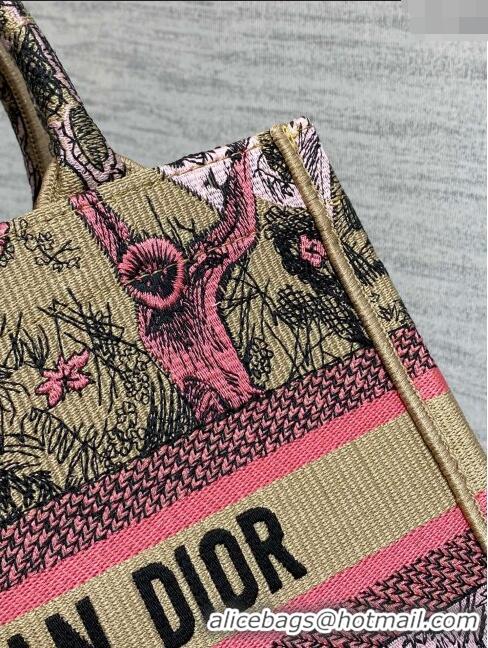 Free Shipping Dior Small Book Tote Bag in Peach Pink Toile de Jouy Sauvage Embroidery CD1405 2024