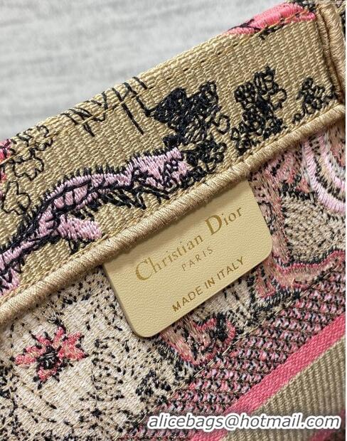 Free Shipping Dior Small Book Tote Bag in Peach Pink Toile de Jouy Sauvage Embroidery CD1405 2024