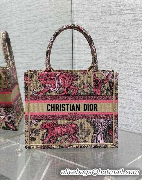 Free Shipping Dior Small Book Tote Bag in Peach Pink Toile de Jouy Sauvage Embroidery CD1405 2024