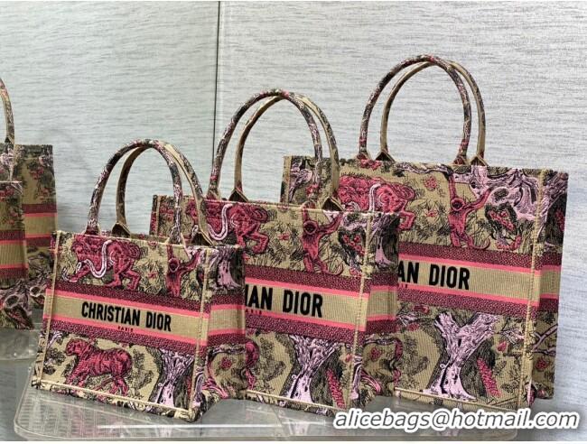 Free Shipping Dior Small Book Tote Bag in Peach Pink Toile de Jouy Sauvage Embroidery CD1405 2024