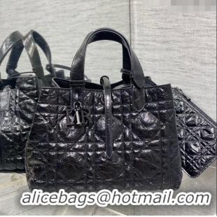 Top Grade Dior Medium Toujours Tote Bag in Black Macrocannage Crinkled Calfskin CD1028 2024