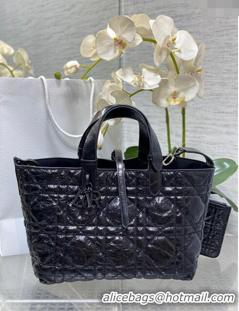 Top Grade Dior Medium Toujours Tote Bag in Black Macrocannage Crinkled Calfskin CD1028 2024