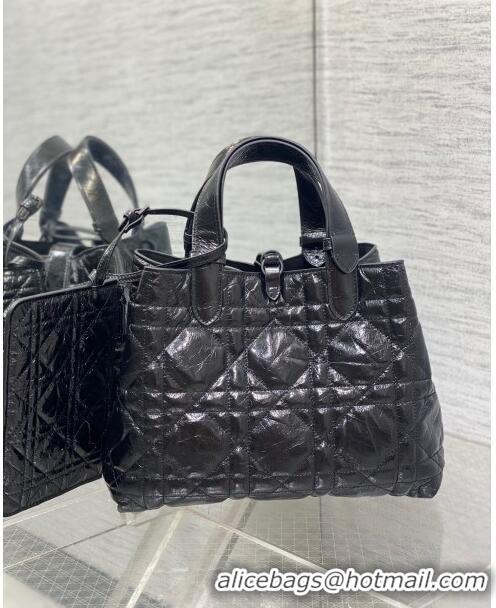 Top Grade Dior Medium Toujours Tote Bag in Black Macrocannage Crinkled Calfskin CD1028 2024