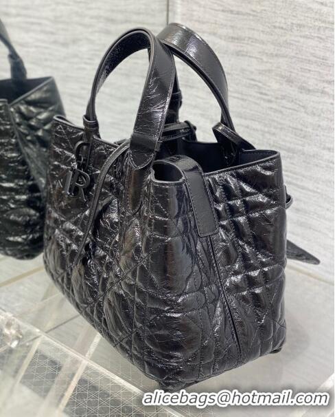 Top Grade Dior Medium Toujours Tote Bag in Black Macrocannage Crinkled Calfskin CD1028 2024