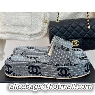 Pretty Style Chanel CC Denim Platform Slides Sandal 4cm Grey 722122