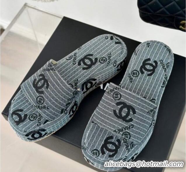 Pretty Style Chanel CC Denim Platform Slides Sandal 4cm Grey 722122