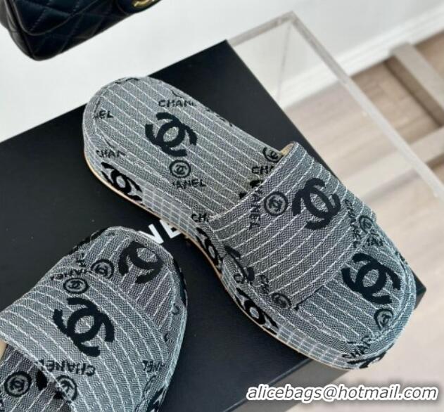 Pretty Style Chanel CC Denim Platform Slides Sandal 4cm Grey 722122