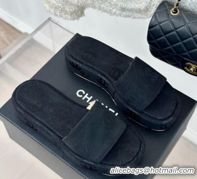 Top Grade Chanel CC Denim Platform Slides Sandal 4cm Black 722124