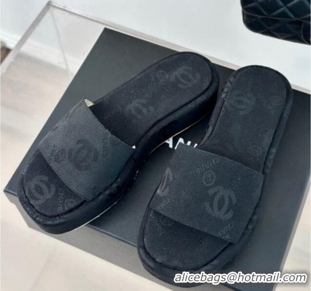 Top Grade Chanel CC Denim Platform Slides Sandal 4cm Black 722124