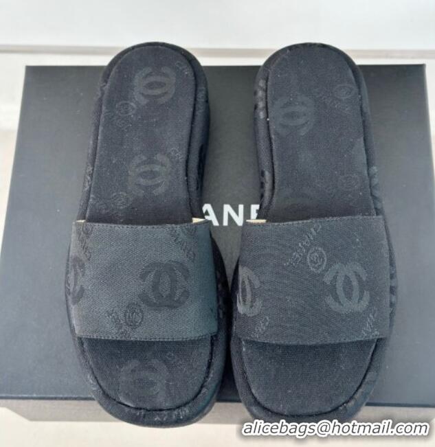 Top Grade Chanel CC Denim Platform Slides Sandal 4cm Black 722124