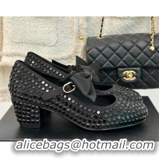 Shop Duplicate Chanel Satin & Strass Mary Janes Pumps 5cm with Bow Black 722125