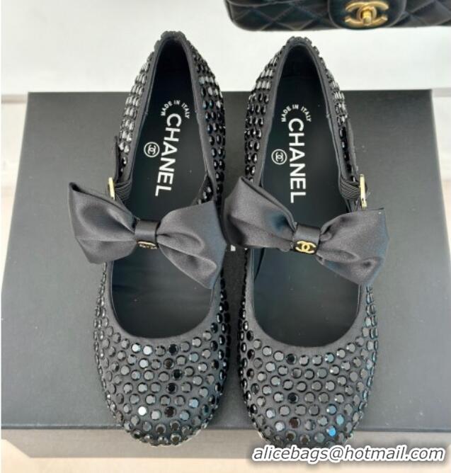 Shop Duplicate Chanel Satin & Strass Mary Janes Pumps 5cm with Bow Black 722125