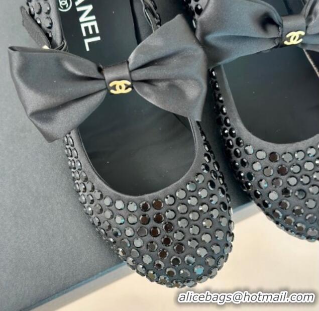 Shop Duplicate Chanel Satin & Strass Mary Janes Pumps 5cm with Bow Black 722125