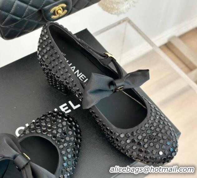 Shop Duplicate Chanel Satin & Strass Mary Janes Pumps 5cm with Bow Black 722125