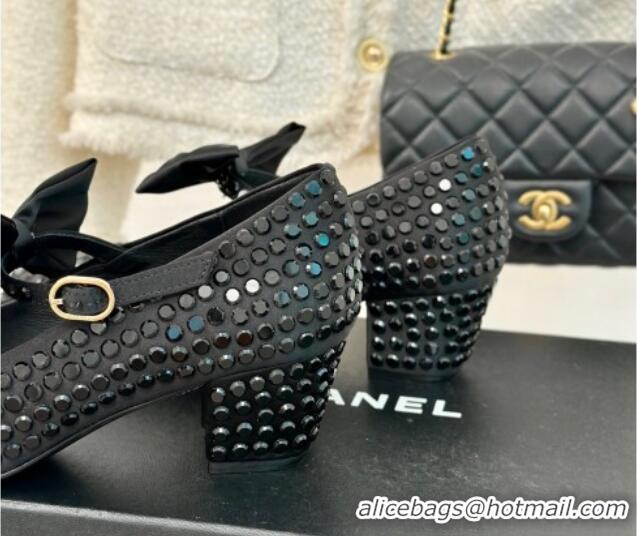 Shop Duplicate Chanel Satin & Strass Mary Janes Pumps 5cm with Bow Black 722125