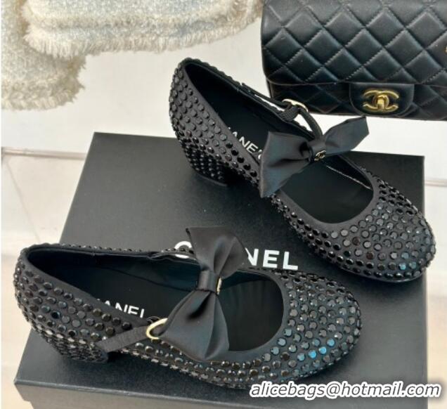 Shop Duplicate Chanel Satin & Strass Mary Janes Pumps 5cm with Bow Black 722125