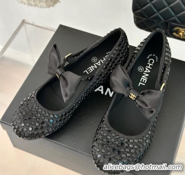 Shop Duplicate Chanel Satin & Strass Mary Janes Pumps 5cm with Bow Black 722125