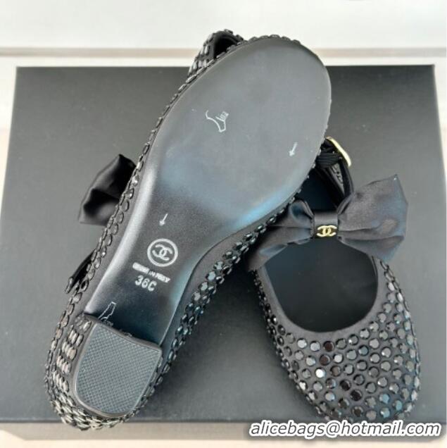 Shop Duplicate Chanel Satin & Strass Mary Janes Pumps 5cm with Bow Black 722125