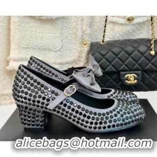 Good Quality Chanel Satin & Strass Mary Janes Pumps 5cm with Bow Grey 722126