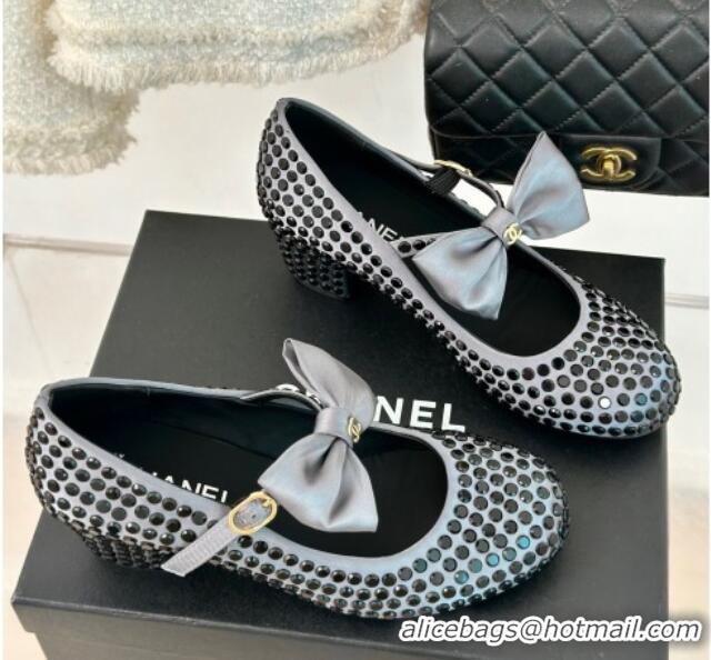 Good Quality Chanel Satin & Strass Mary Janes Pumps 5cm with Bow Grey 722126