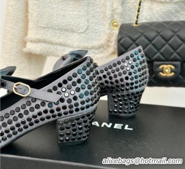 Good Quality Chanel Satin & Strass Mary Janes Pumps 5cm with Bow Grey 722126