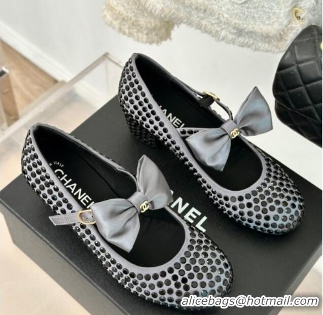 Good Quality Chanel Satin & Strass Mary Janes Pumps 5cm with Bow Grey 722126