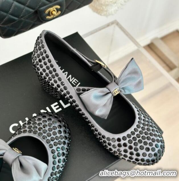 Good Quality Chanel Satin & Strass Mary Janes Pumps 5cm with Bow Grey 722126