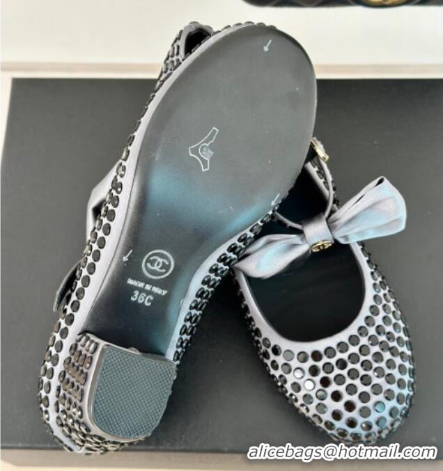 Good Quality Chanel Satin & Strass Mary Janes Pumps 5cm with Bow Grey 722126