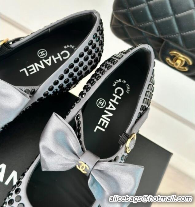 Good Quality Chanel Satin & Strass Mary Janes Pumps 5cm with Bow Grey 722126