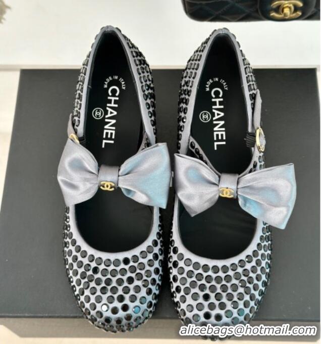 Good Quality Chanel Satin & Strass Mary Janes Pumps 5cm with Bow Grey 722126