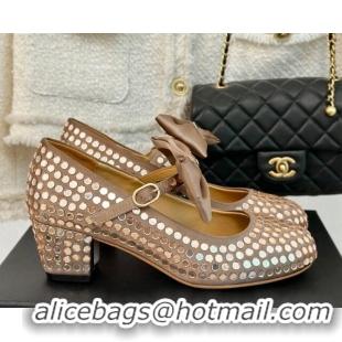 Good Product Chanel Satin & Strass Mary Janes Pumps 5cm with Bow Dark Beige 722127