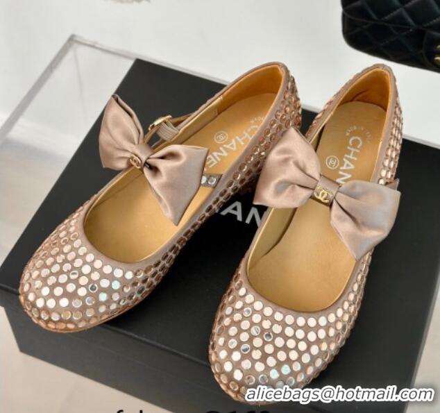 Good Product Chanel Satin & Strass Mary Janes Pumps 5cm with Bow Dark Beige 722127