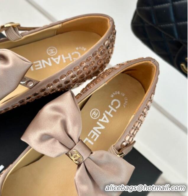 Good Product Chanel Satin & Strass Mary Janes Pumps 5cm with Bow Dark Beige 722127